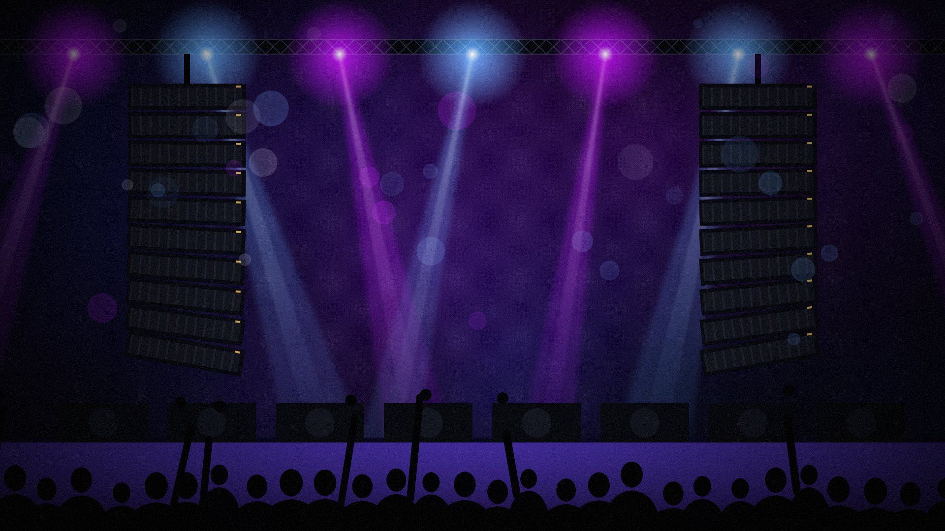 Line array-speakers en lichtbundels boven een podium